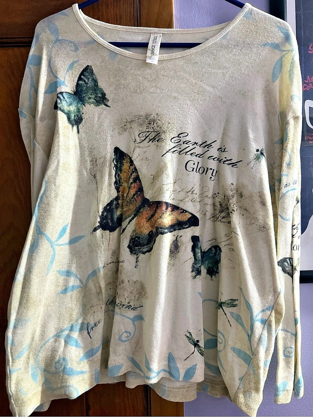 Endless Designs Butterfly Print Long Sleeve Top Cream & Blue 2X